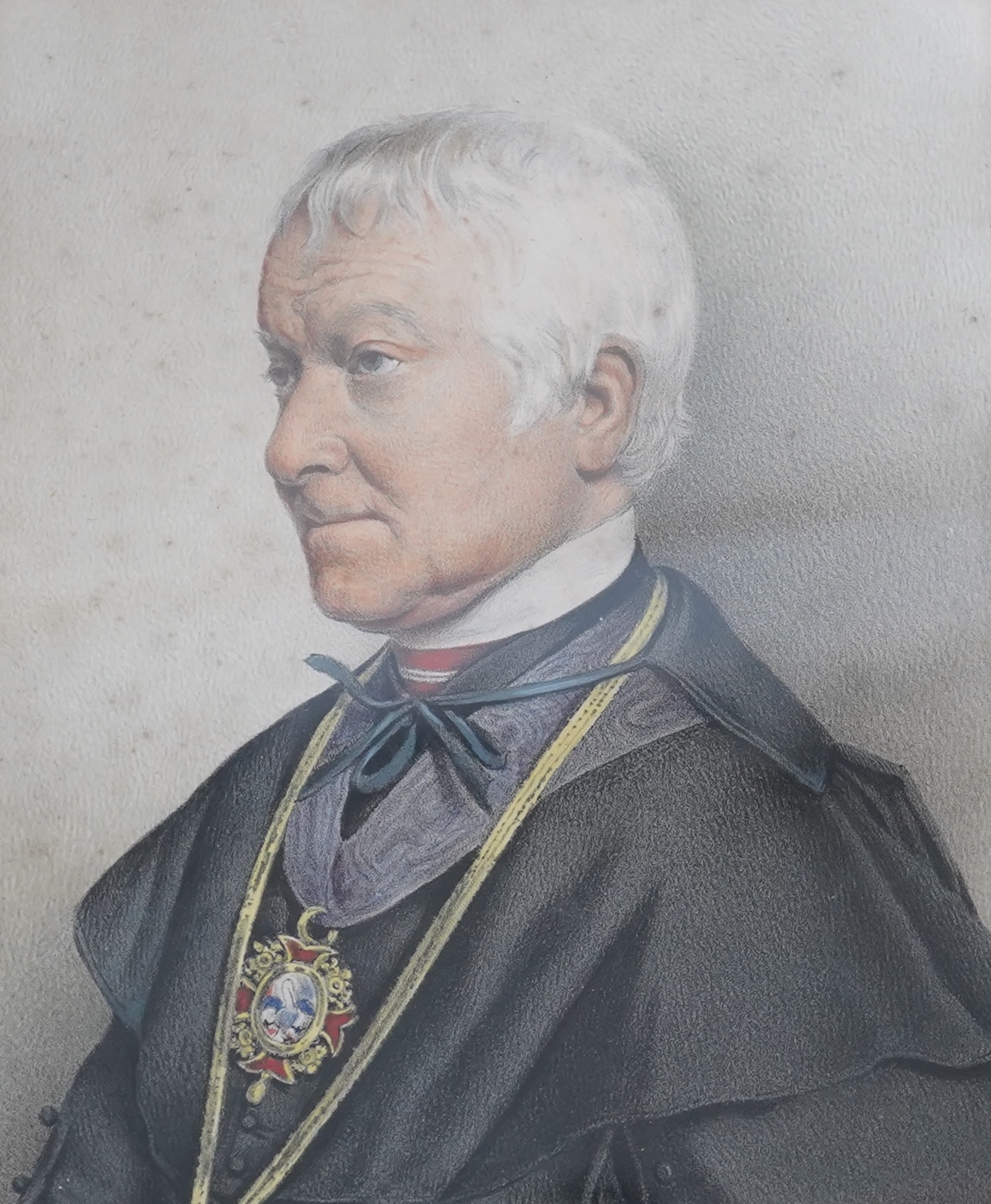 A 19th century hand coloured engraving, Portrait of a clerical gentleman, 14 x 11cm, housed in ornate gilt frame. Condition - fair, some foxing